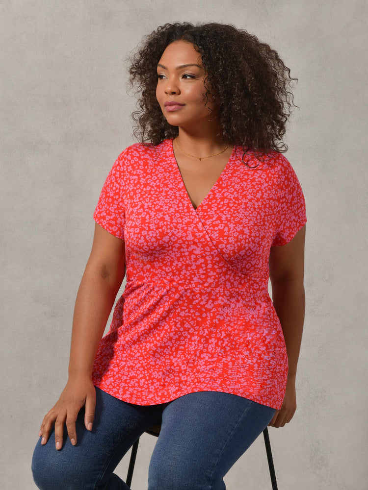 Red & Pink Ditsy Print Wrap Jersey Top