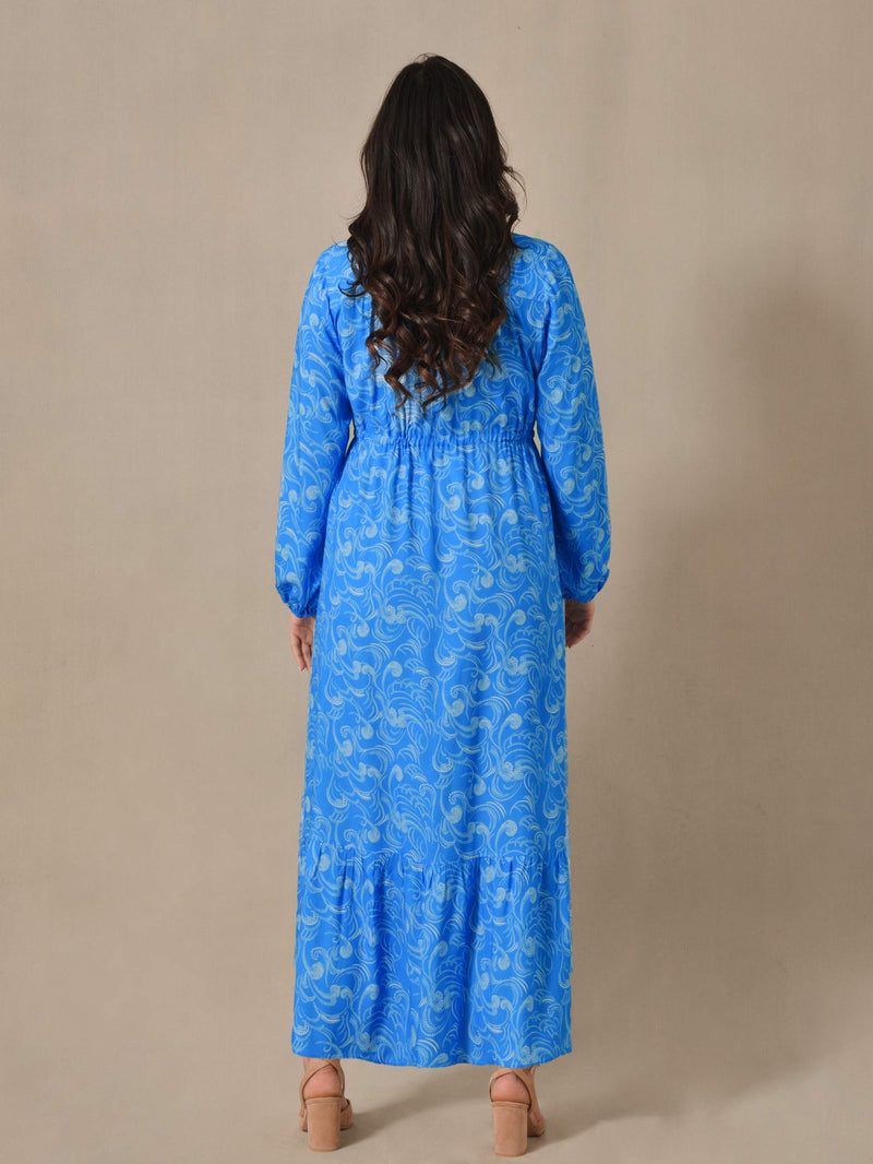 Blue Swirl Print Wrap Drawstring Maxi Dress