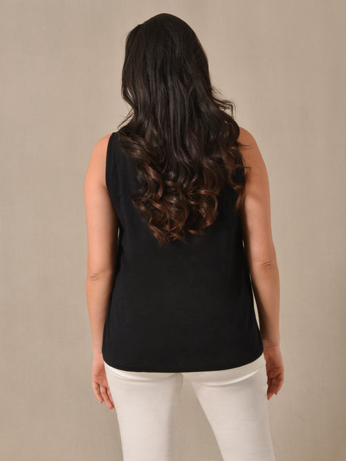 Black Cotton Slub Round Neck Vest