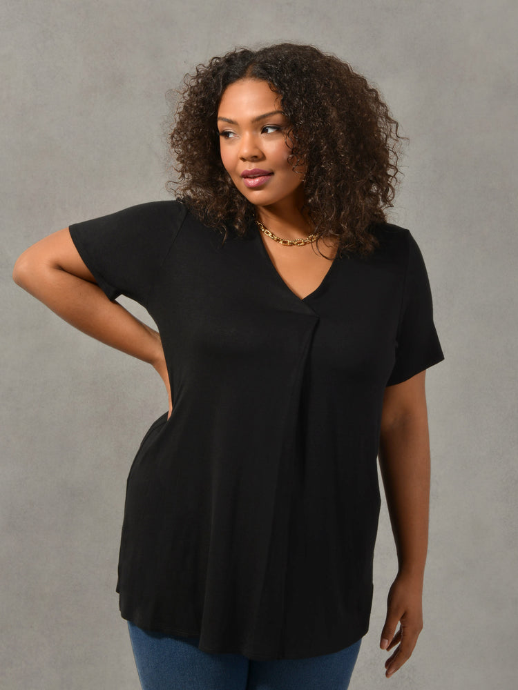 Black Short Sleeve Pleat Front Jersey Top