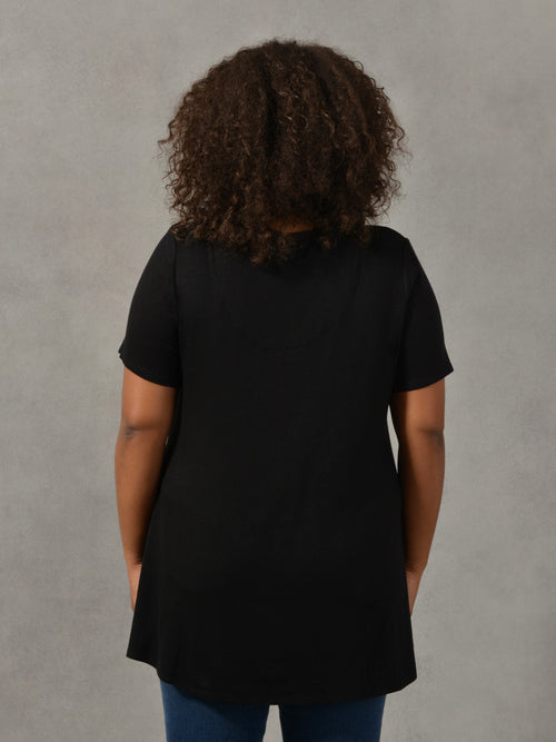 Black Short Sleeve Pleat Front Jersey Top