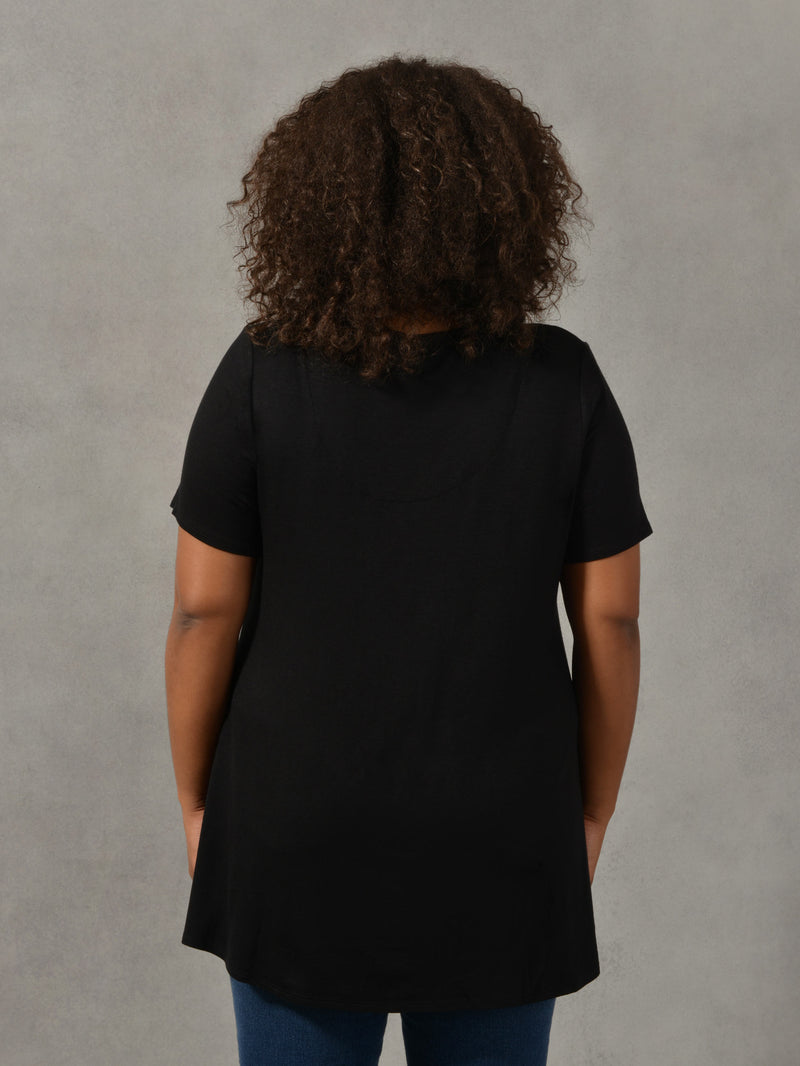 Black Short Sleeve Pleat Front Jersey Top