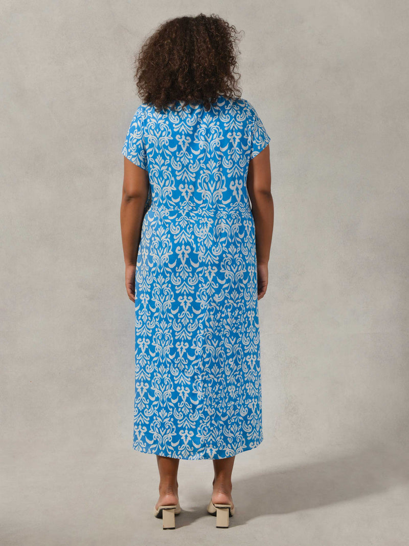 Blue And White Print Short Sleeved Midi Dress