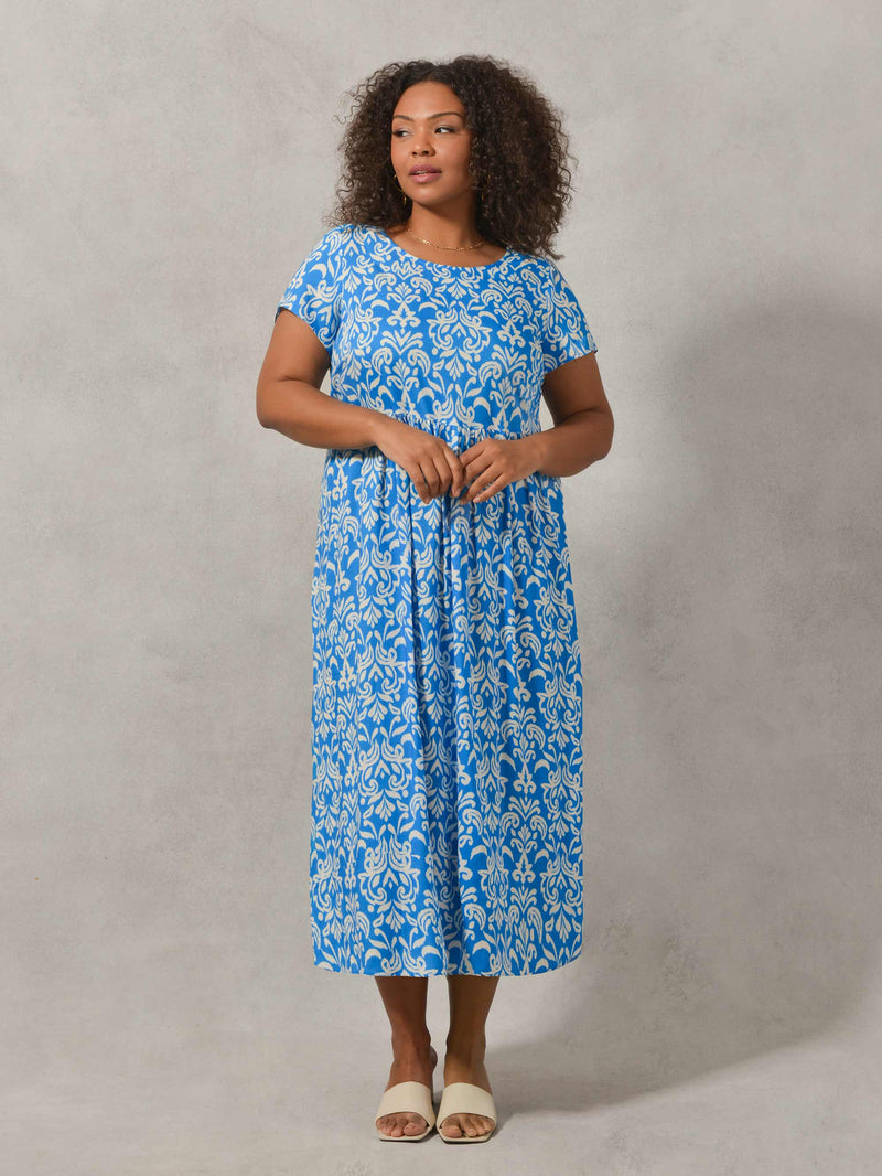 Blue And White Print Short Sleeved Midi Dress