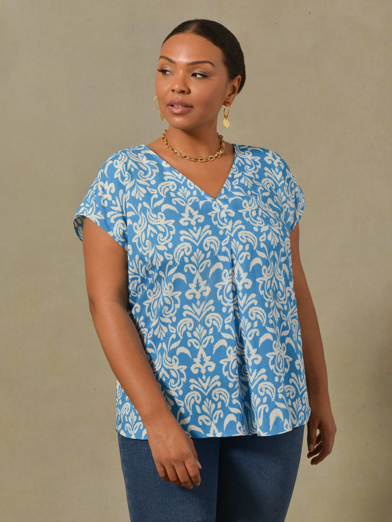 Blue And White Print Woven Pleat Top