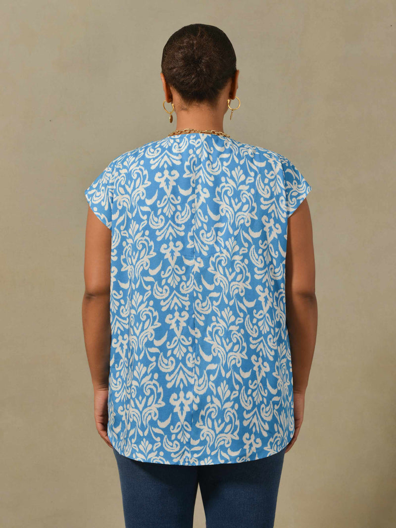 Blue And White Print Woven Pleat Top
