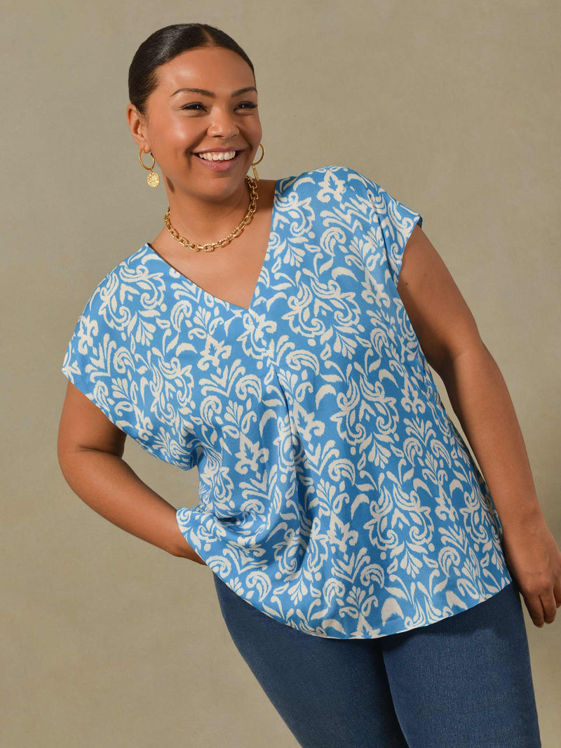 Blue And White Print Woven Pleat Top