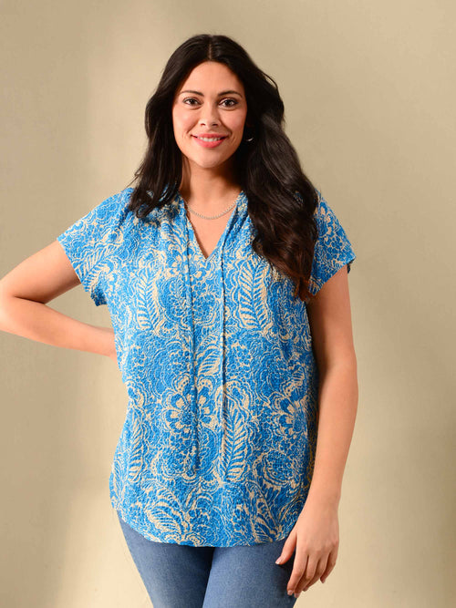 Textured Blue & Ivory Printed Shirred Neck Blouse