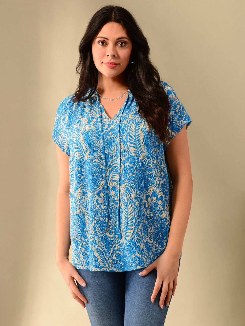 Textured Blue & Ivory Printed Shirred Neck Blouse