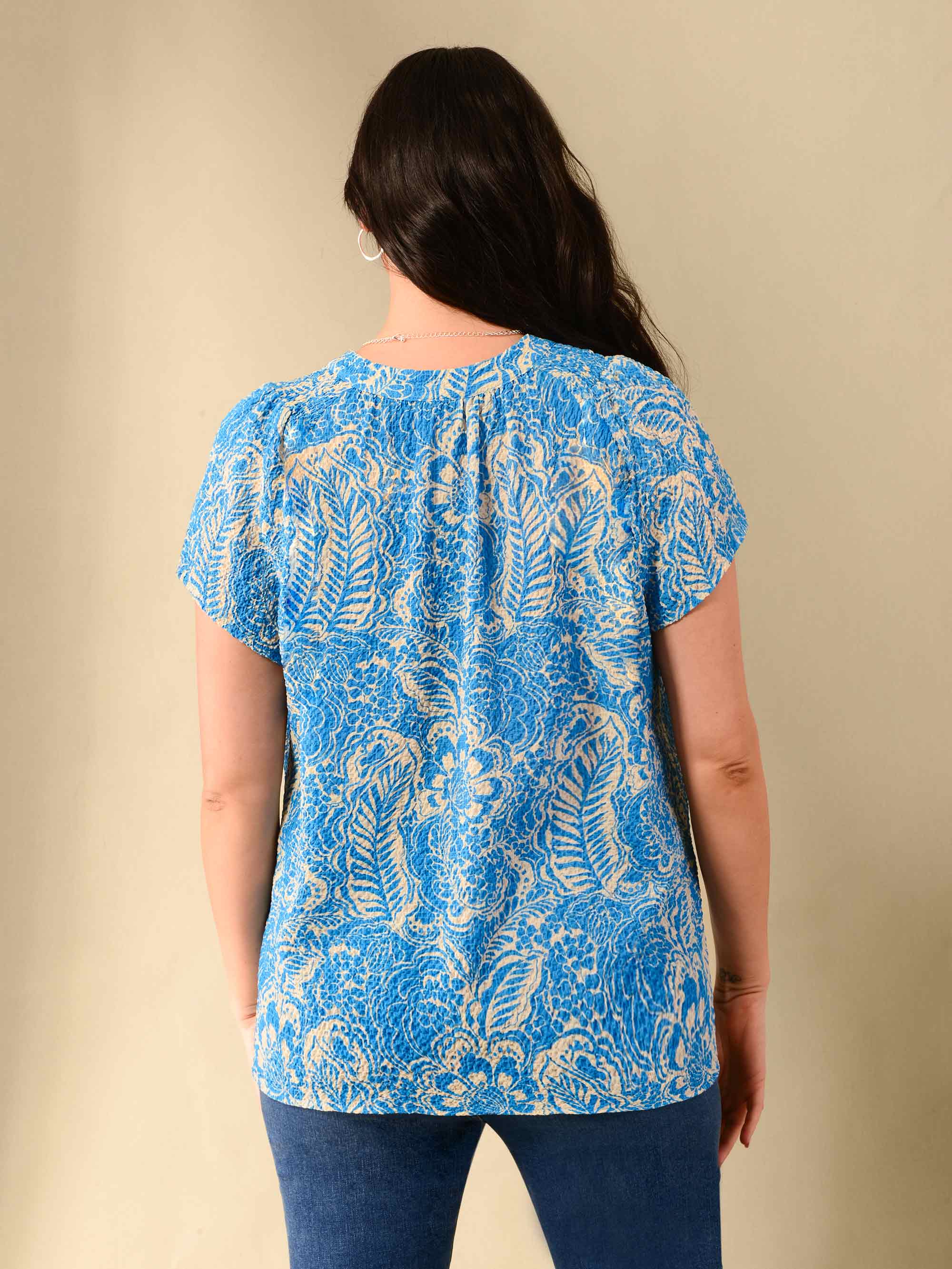 Textured Blue & Ivory Printed Shirred Neck Blouse
