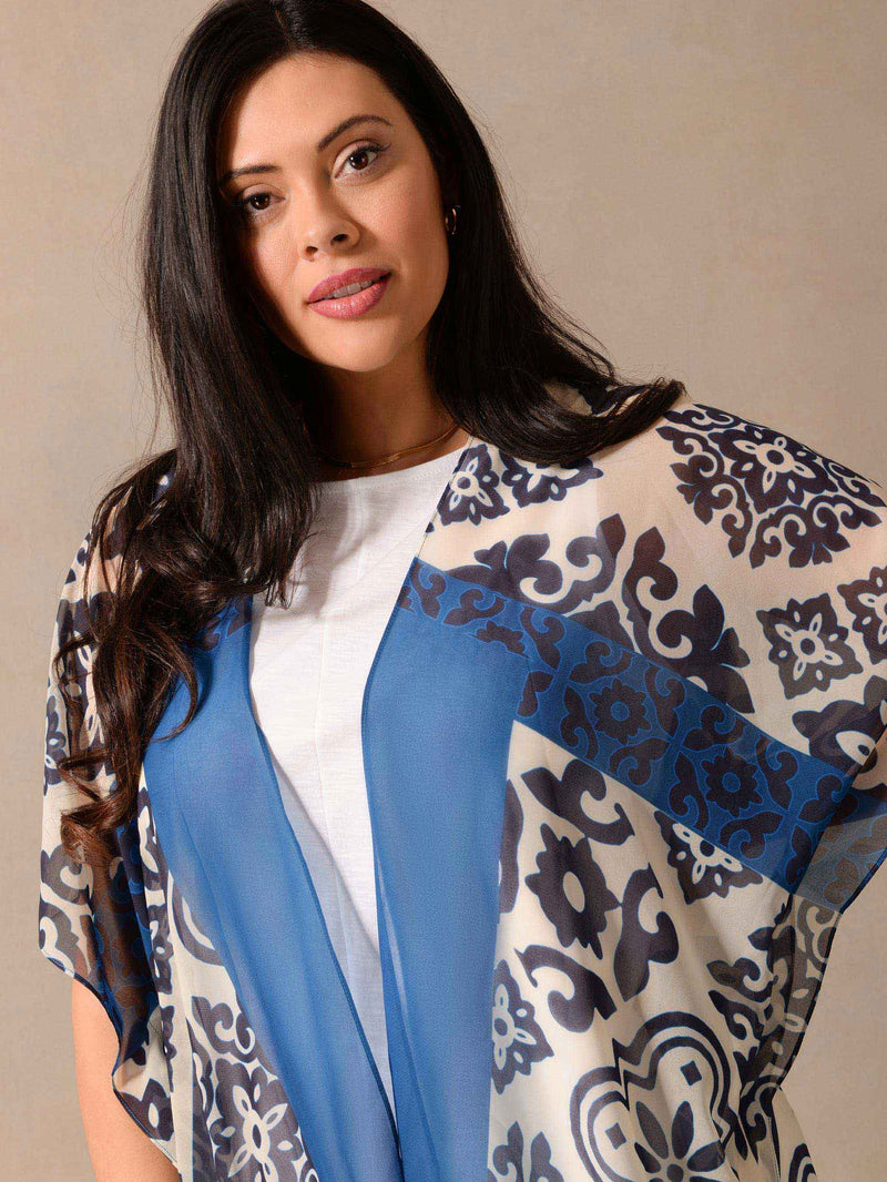 Blue Floral Placement Print Longline Kimono