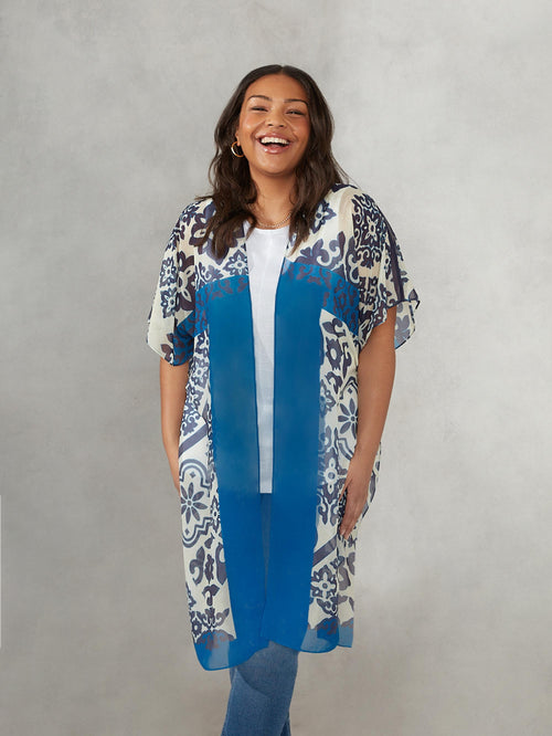 Blue Floral Placement Print Longline Kimono