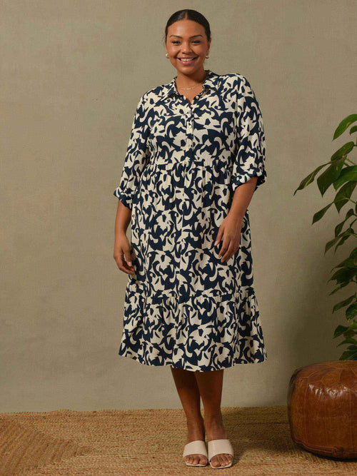 Navy & White Print Tiered Shirt Dress