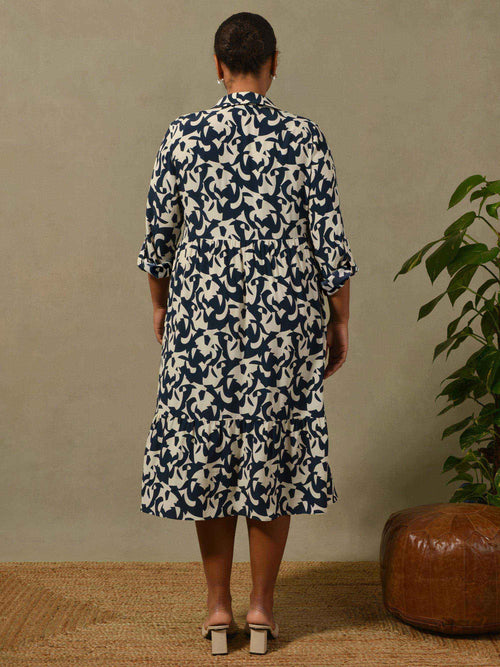 Navy & White Print Tiered Shirt Dress