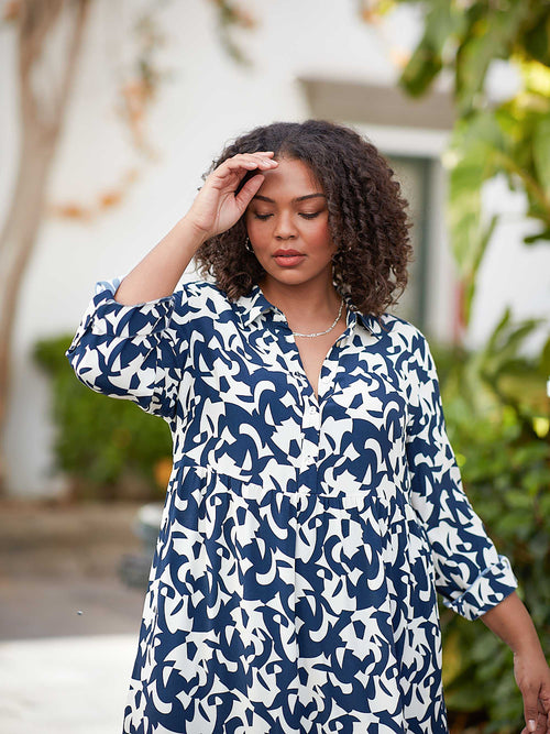 Navy & White Print Tiered Shirt Dress