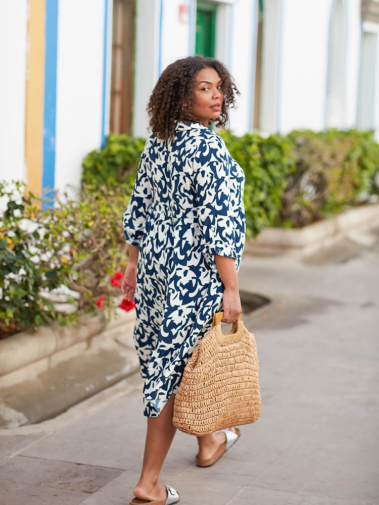 Navy & White Print Tiered Shirt Dress