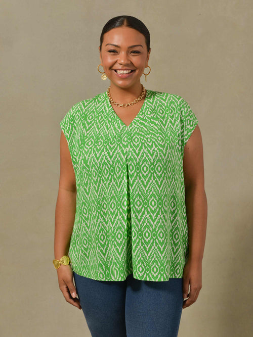 Green Aztec Print Woven Pleat Top