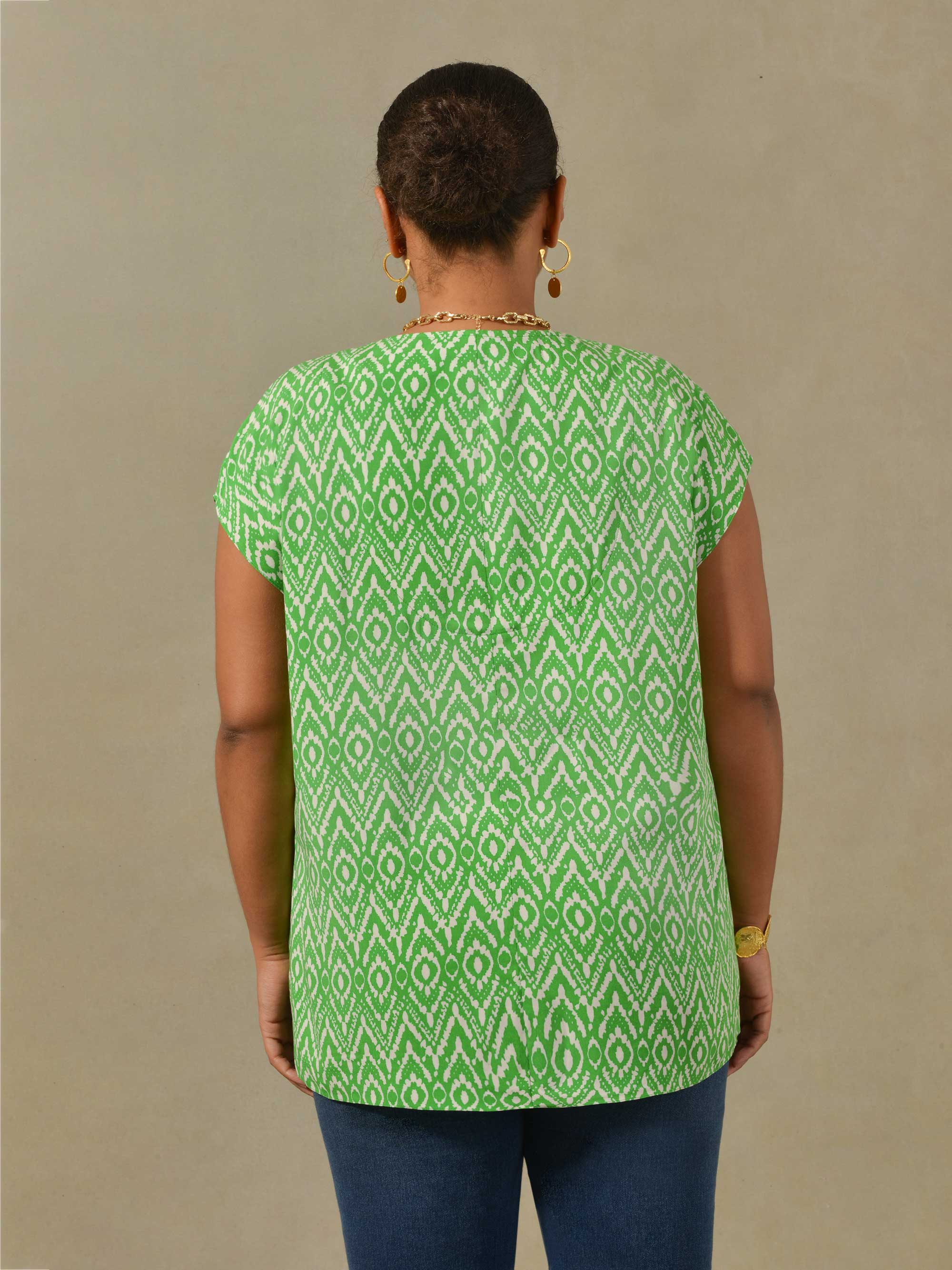 Green Aztec Print Woven Pleat Top