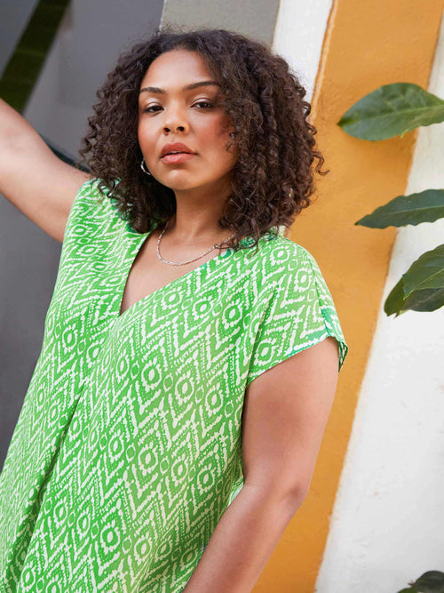 Green Aztec Print Woven Pleat Top