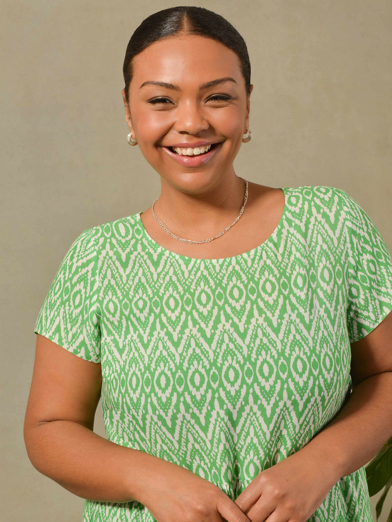 Green Aztec Print Short Sleeved Midi Dress