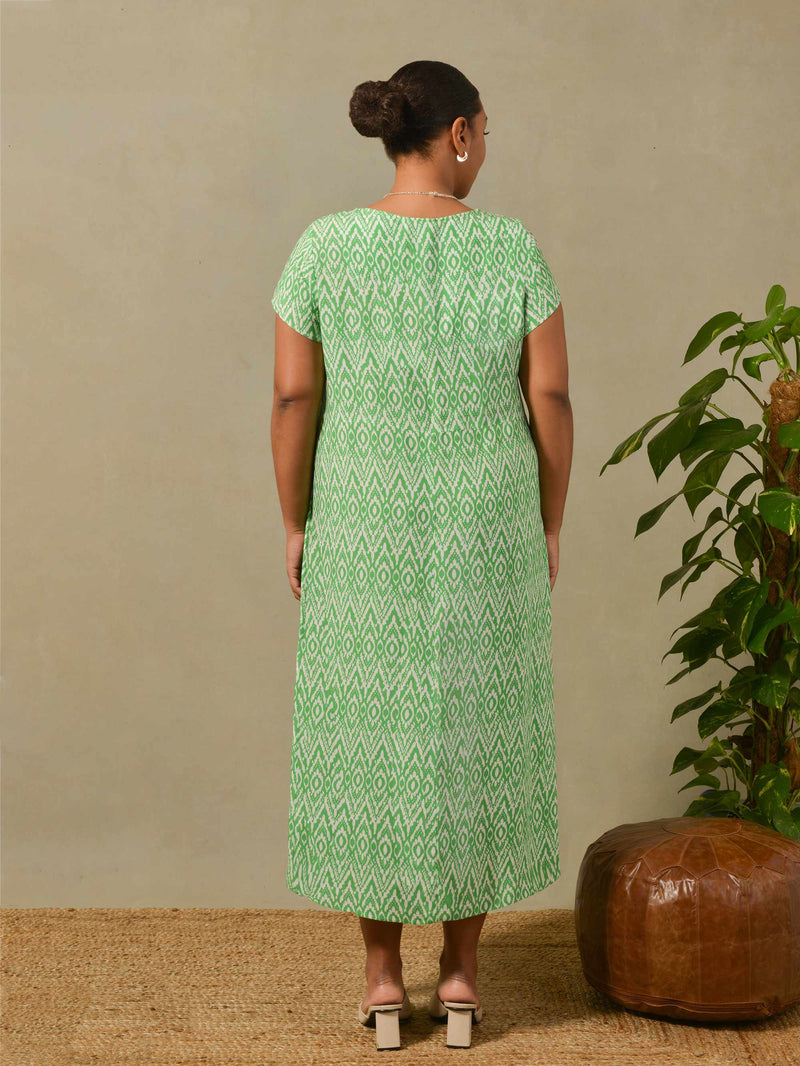 Green Aztec Print Short Sleeved Midi Dress