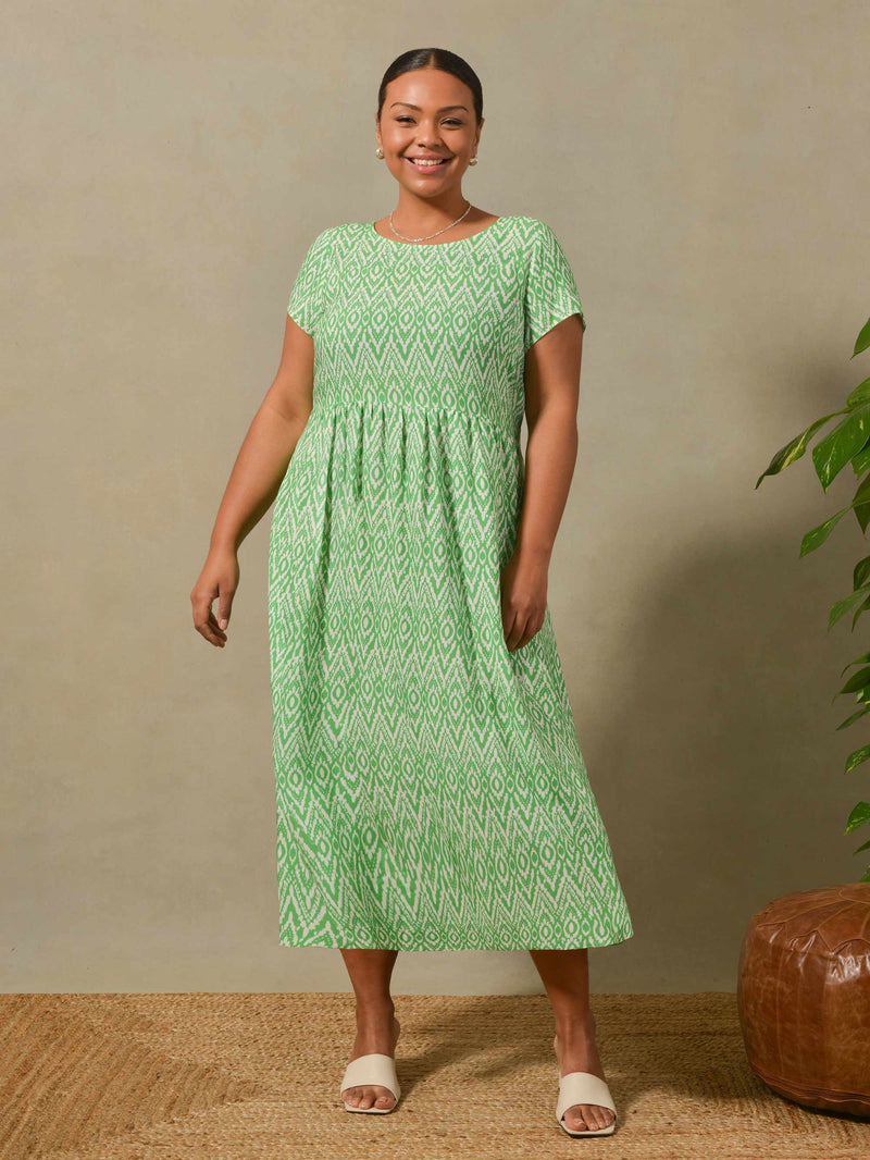 Green Aztec Print Short Sleeved Midi Dress