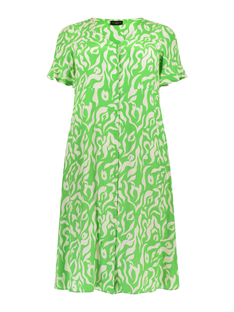 Green Swirl Print Button Through Midi Dress
