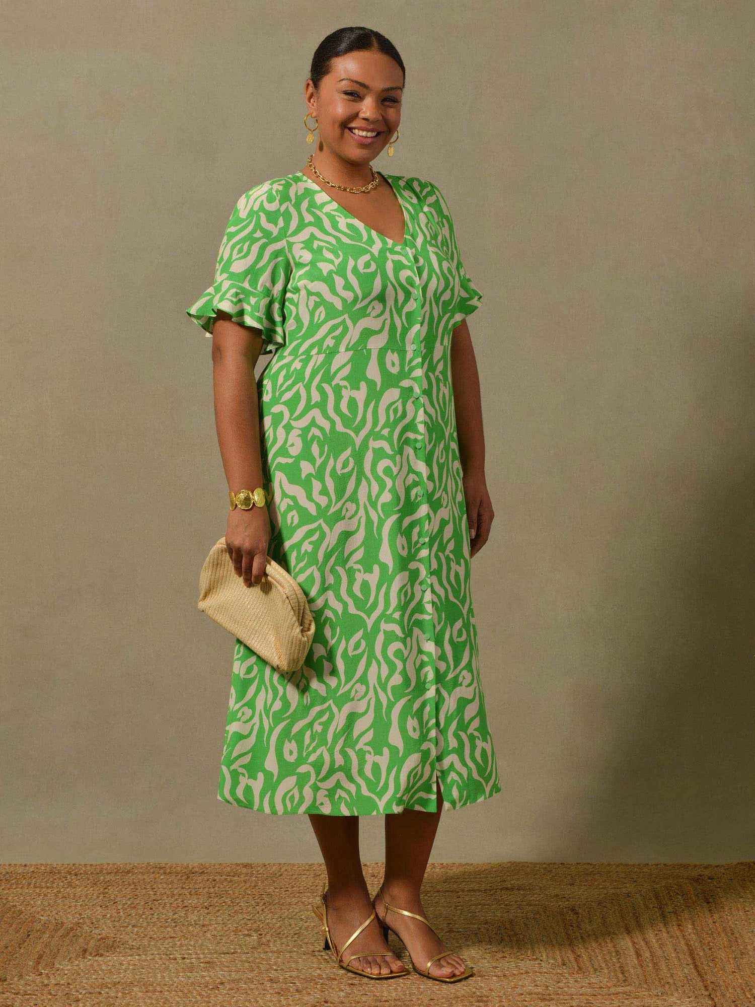 Green Swirl Print Button Through Midi Dress Green Swirl Print Button Through Midi Dress