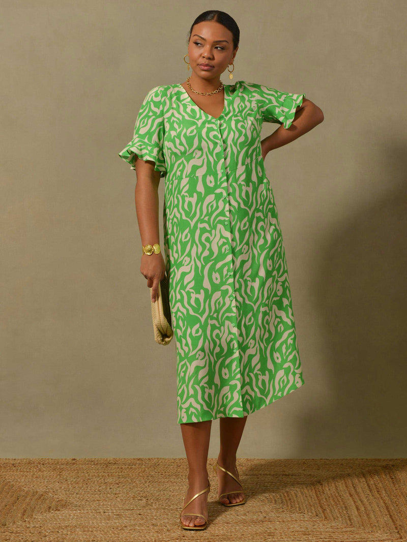 Green Swirl Print Button Through Midi Dress