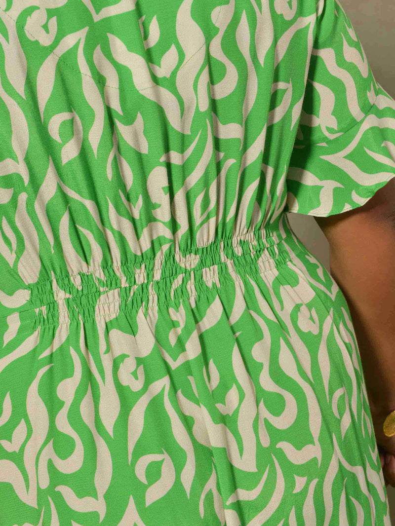 Green Swirl Print Button Through Midi Dress