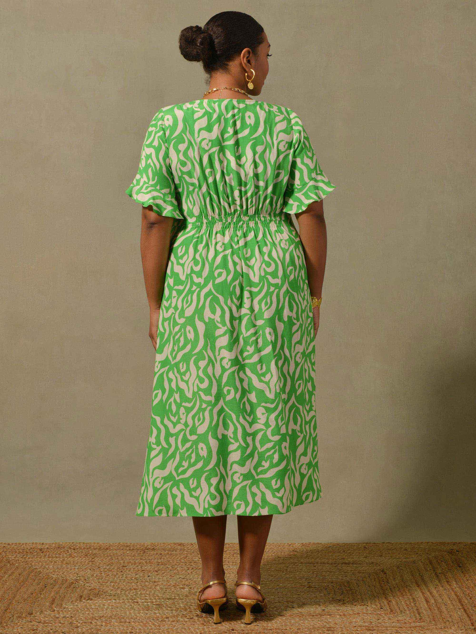Green Swirl Print Button Through Midi Dress