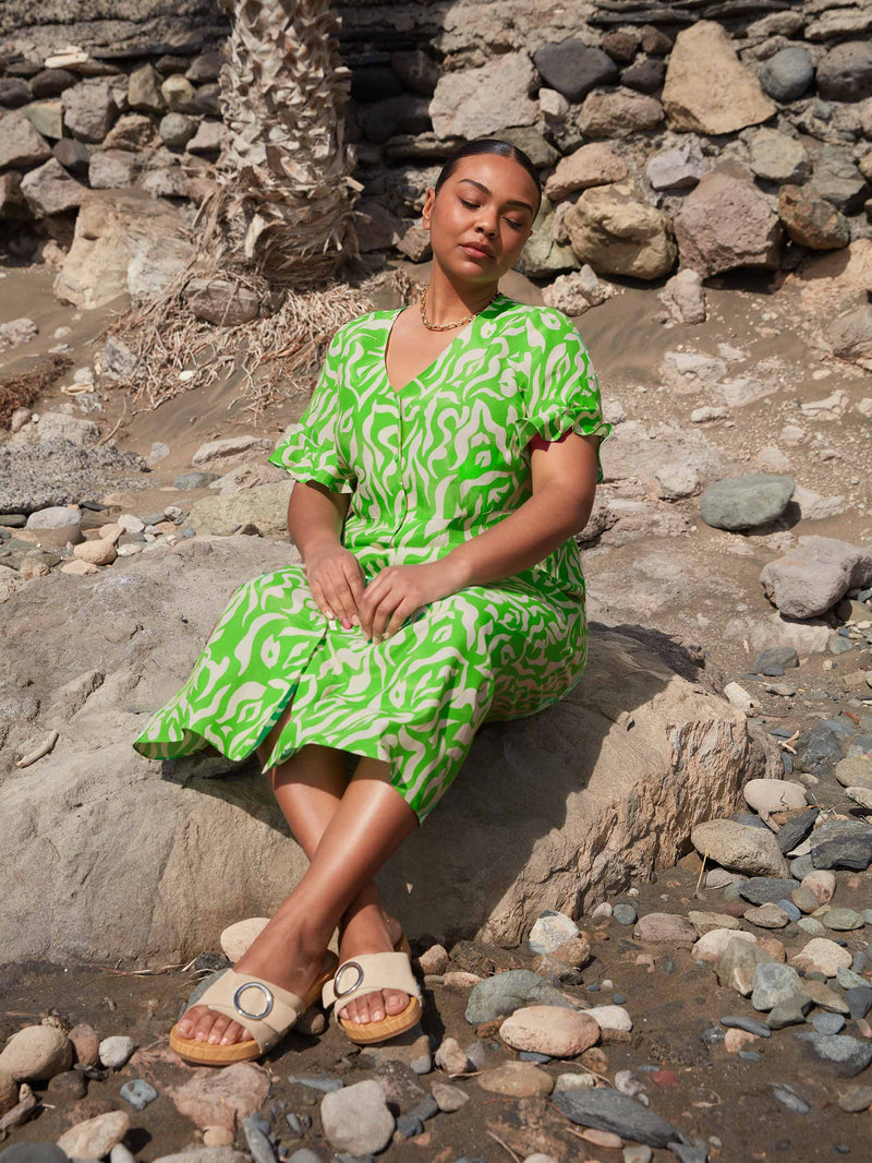 Green Swirl Print Button Through Midi Dress