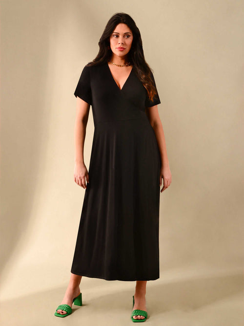 Black Wrap Short Sleeved Midi Dress