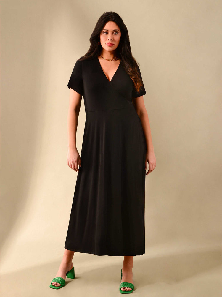 Black Wrap Short Sleeved Midi Dress