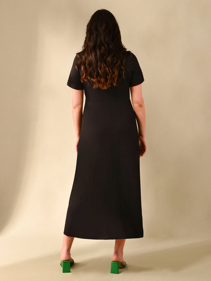 Black Wrap Short Sleeved Midi Dress