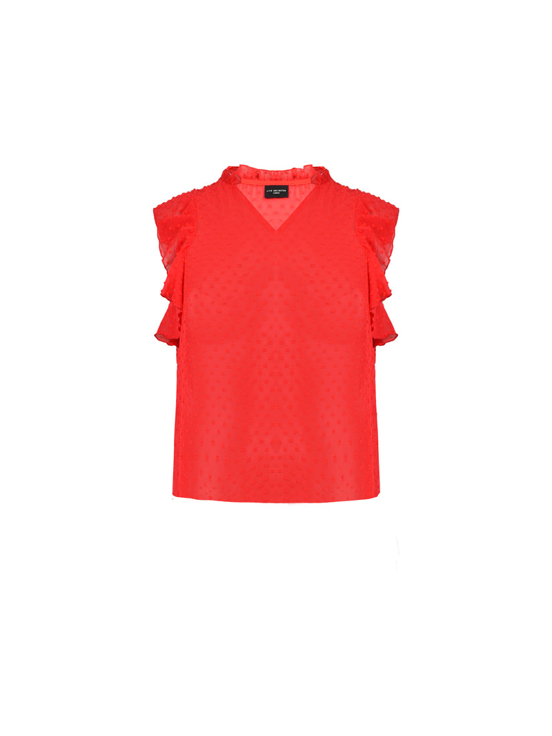 Red Dobby Ruffle Sleeve Blouse