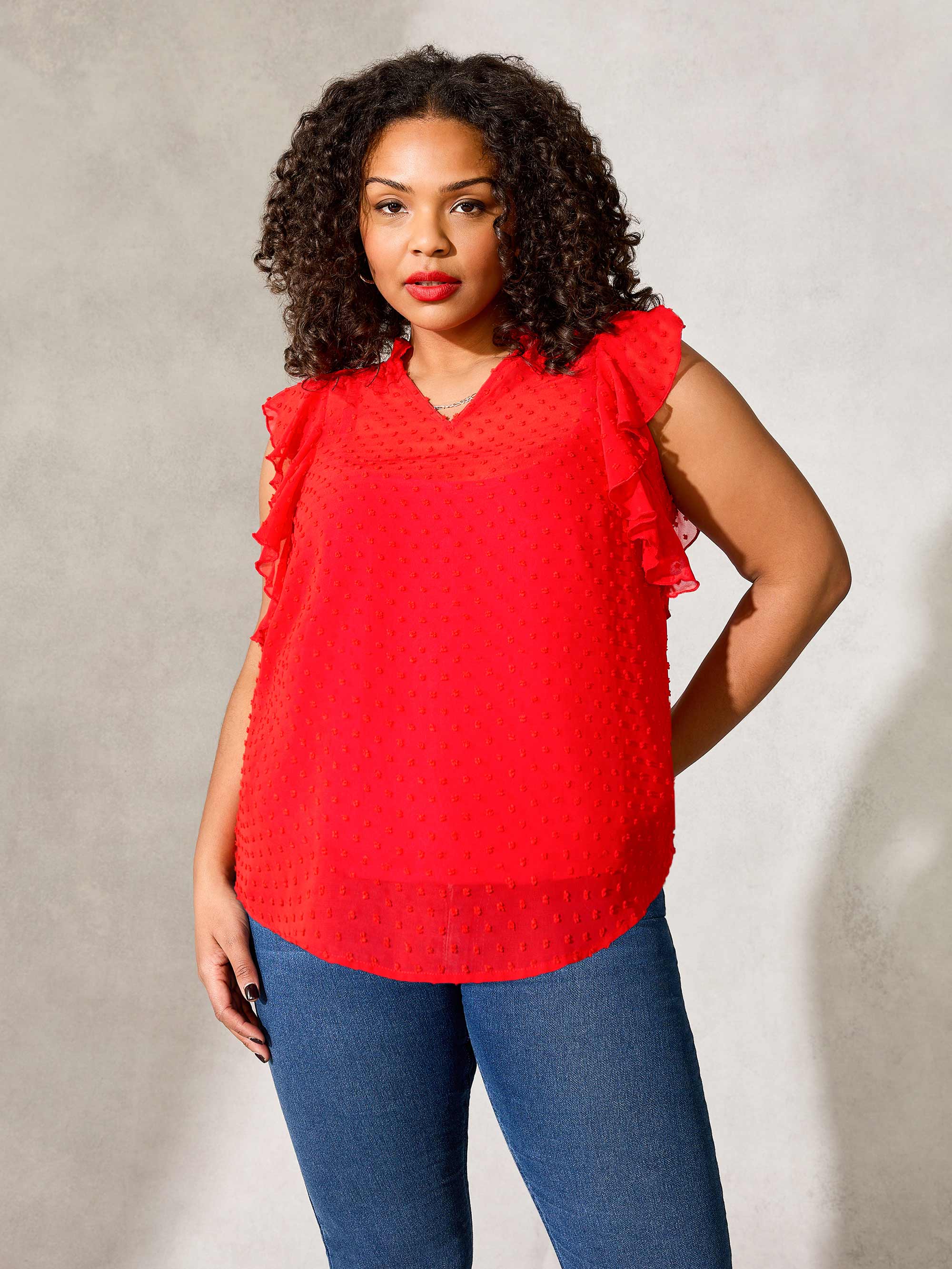 Red Dobby Ruffle Sleeve Blouse