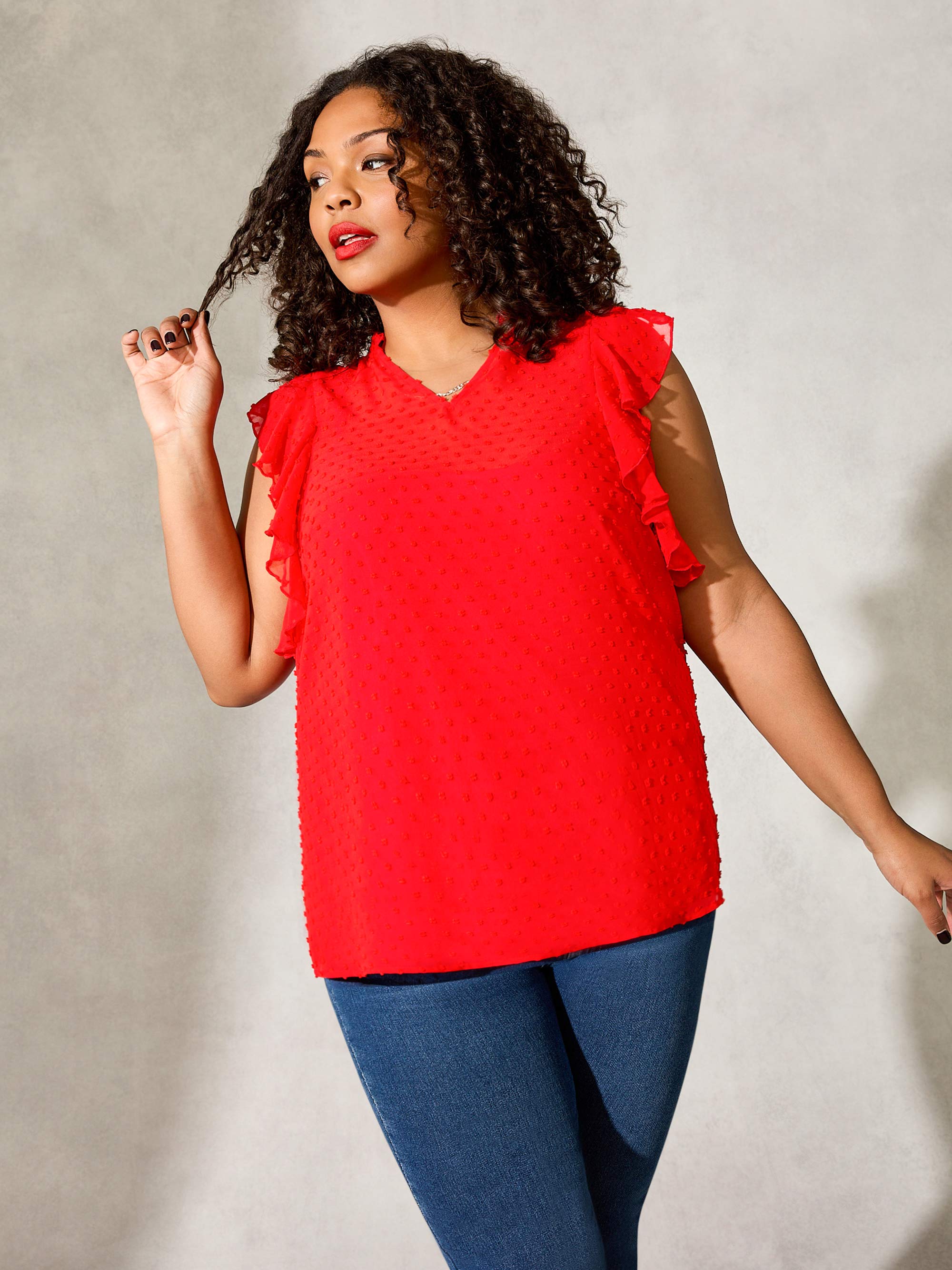 Red Dobby Ruffle Sleeve Blouse