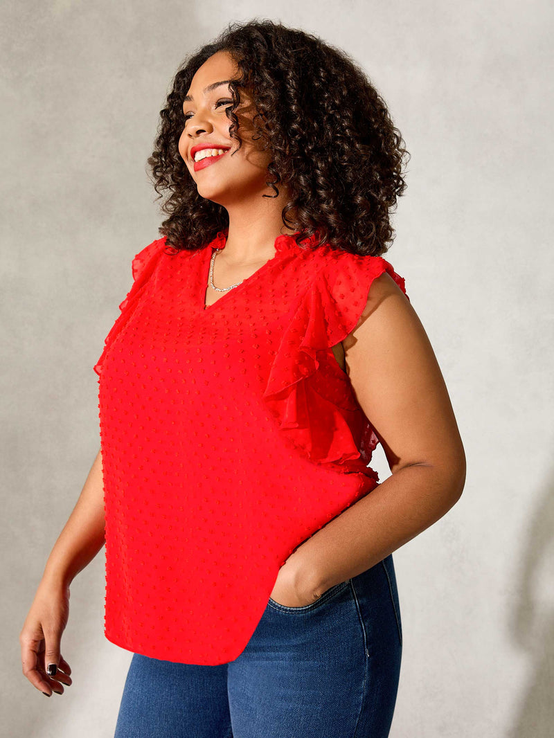 Red Dobby Ruffle Sleeve Blouse