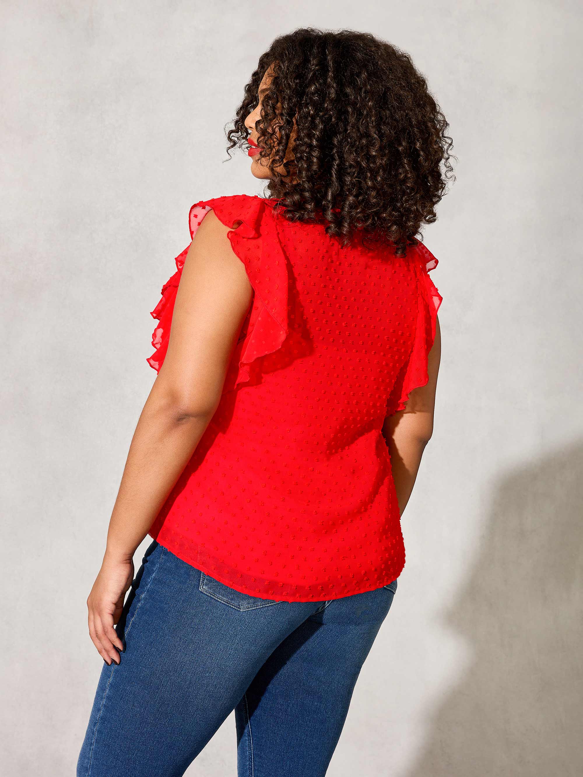 Red Dobby Ruffle Sleeve Blouse