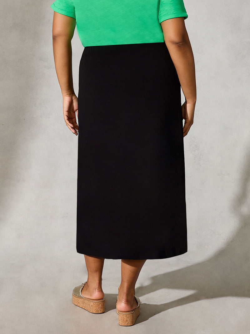 Black Ruched Front Jersey Midi Skirt