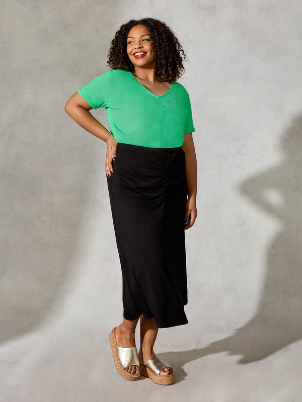 Black Ruched Front Jersey Midi Skirt