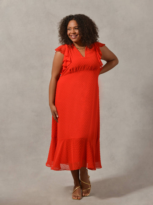 Red Textured Ruffle Sleeve Midi Dress