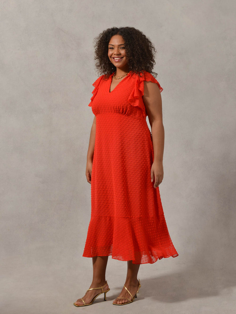 Red Textured Ruffle Sleeve Midi Dress