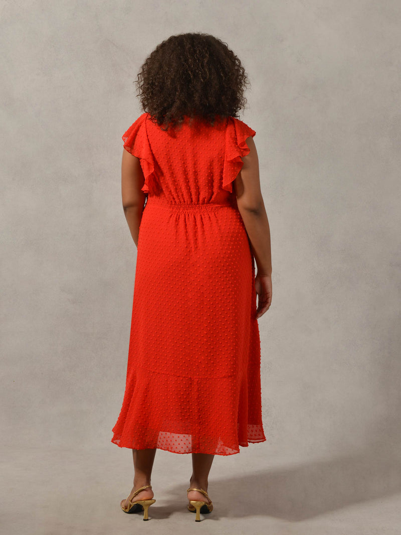 Red Textured Ruffle Sleeve Midi Dress