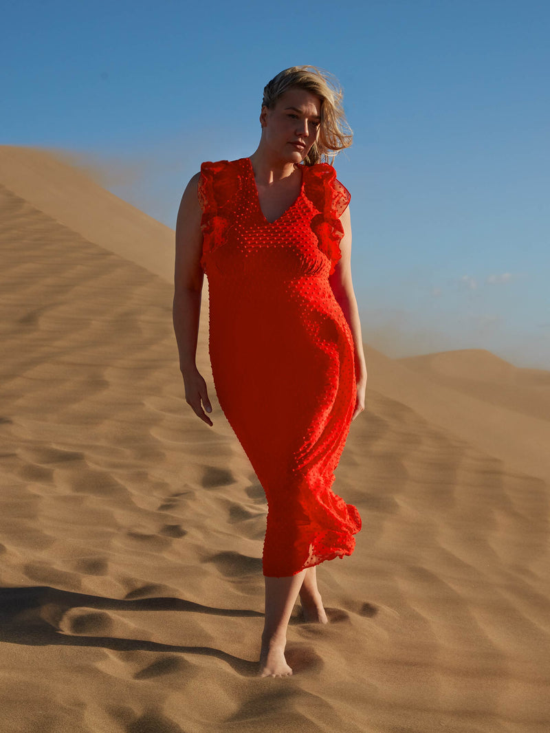 Red Textured Ruffle Sleeve Midi Dress