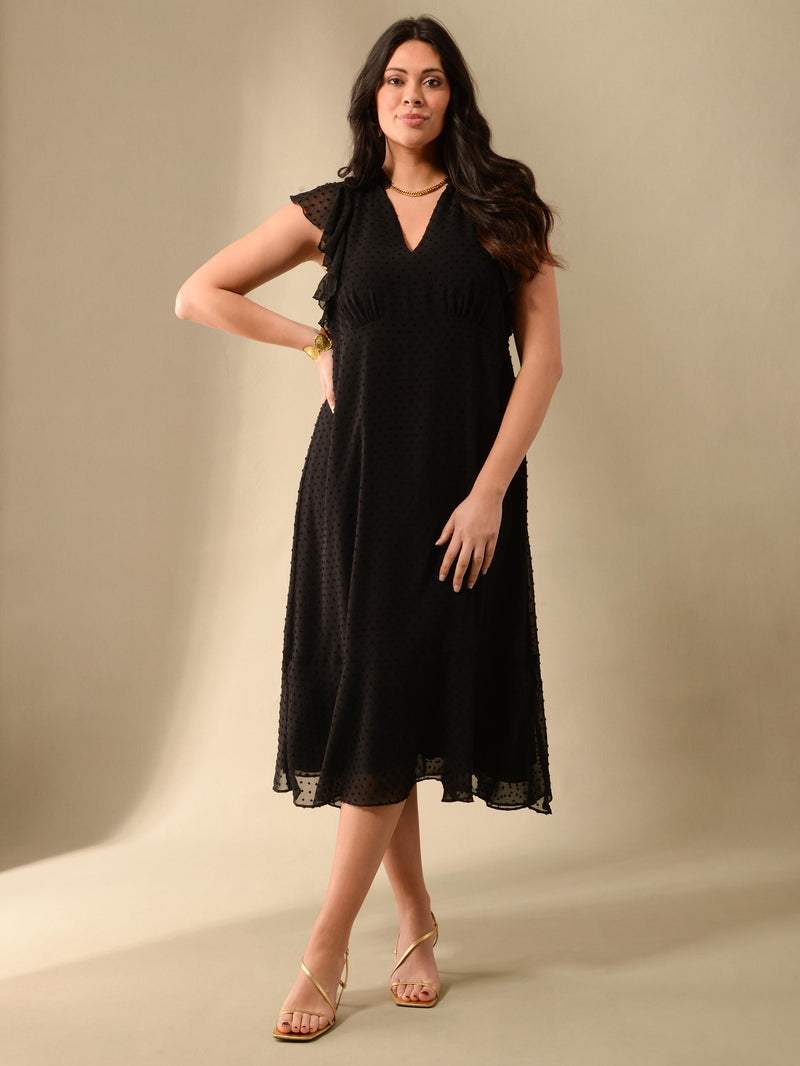 Black Textured Ruffle Sleeve Midi Dress