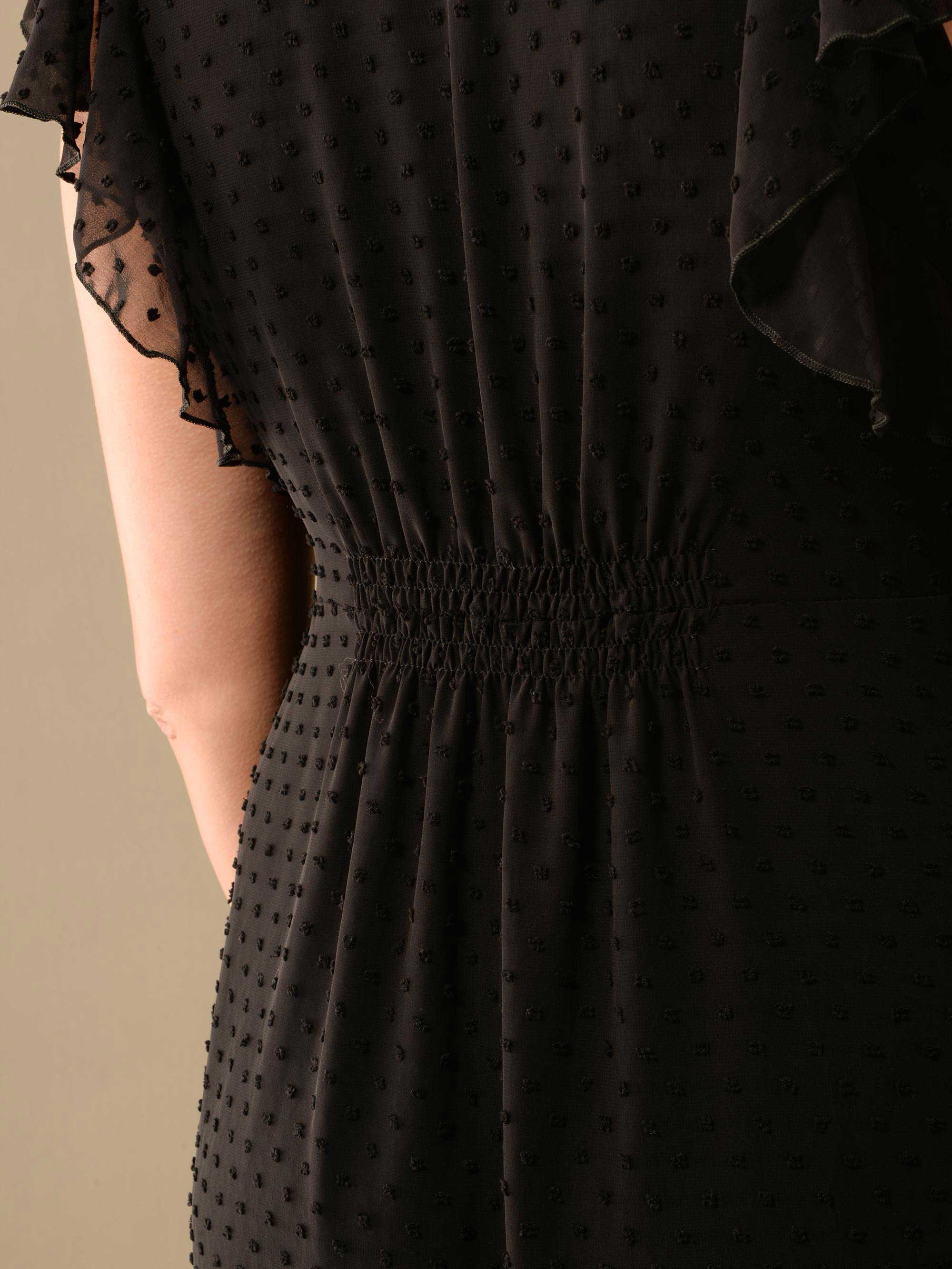Black Textured Ruffle Sleeve Midi Dress