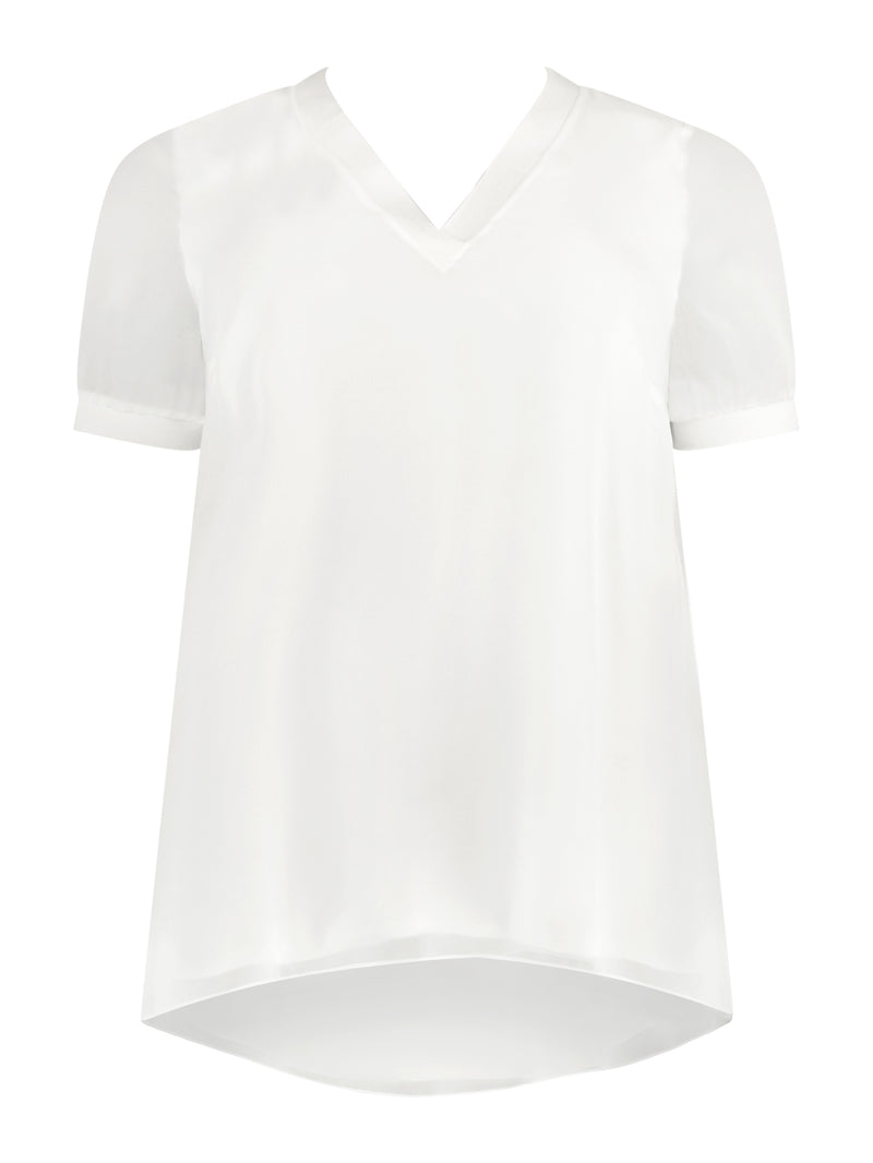 White Rib Trim Short Sleeve Blouse