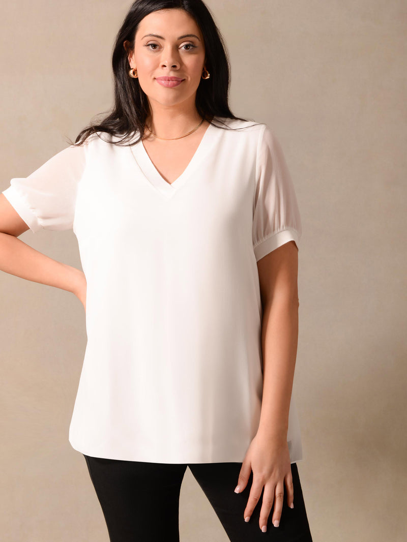 White Rib Trim Short Sleeve Blouse